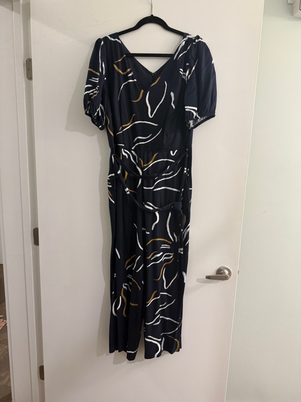 Navy Abstract Print Midi jumpsuit with Puff Sleeves